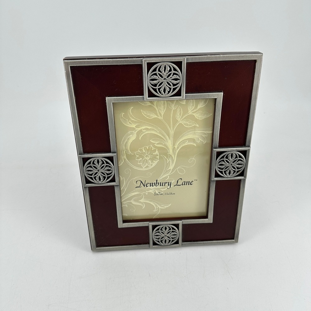 Newbury Lane 5x7 Picture Frame Mahogany Wood Silver Celtic Medallion Ornate Deco
